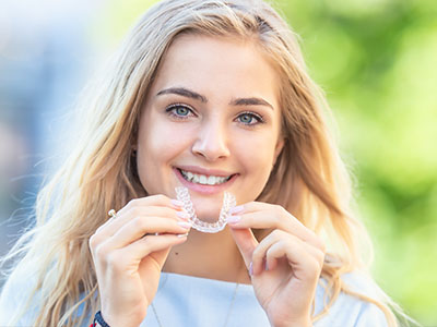 The image shows a young woman smiling at the camera, holding up a clear dental retainer with both hands.