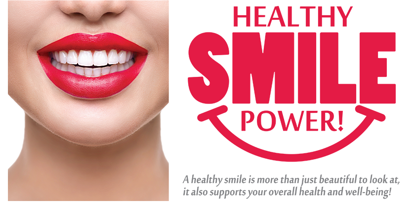 The image is a digital advertisement for  Healthy Smile Power,  featuring a close-up of a person s face with red lipstick and text overlay that reads  Healthy Smile Power.