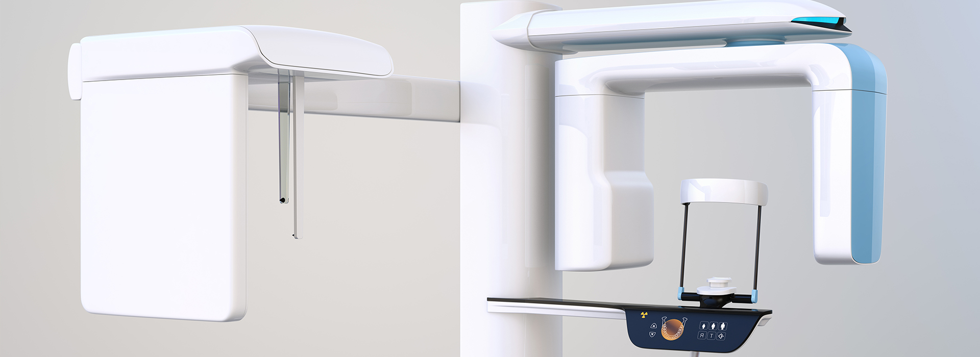 An image of a modern dental chair setup with a sleek design and a digital display, featuring two chairs side by side.